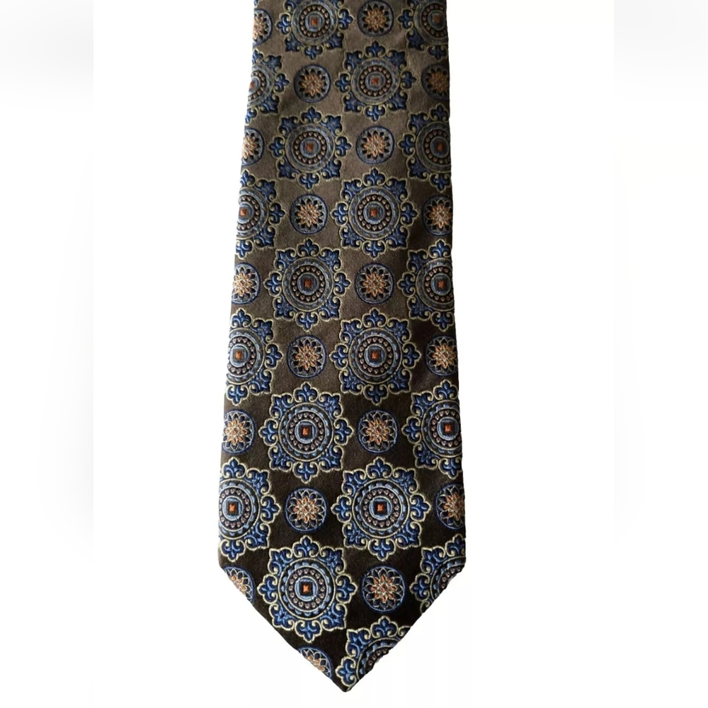 Santorelli Silk Tie Hand-Made In Italy Bronze Blue Geometric Medallion Classic